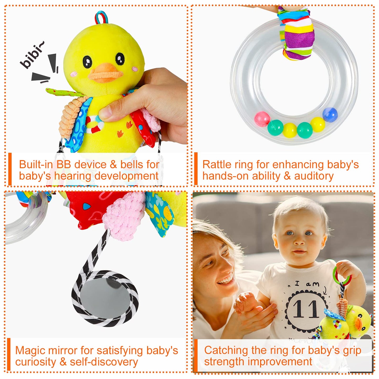 Funsland Baby Stroller Toy - Soft Plush Little Duck Teether Rattle for Infants 3-12 Months, Medium Size