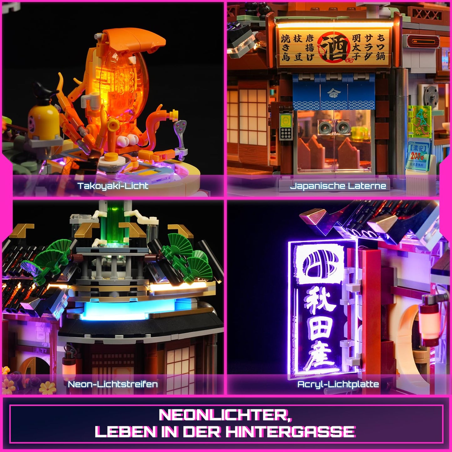 FUNWHOLE Cyberpunk Japanese-Izakaya Building Bricks Set, 1987 Pcs, LED Light Model, 11.1"x10.2"x16.2", Multicolor, F