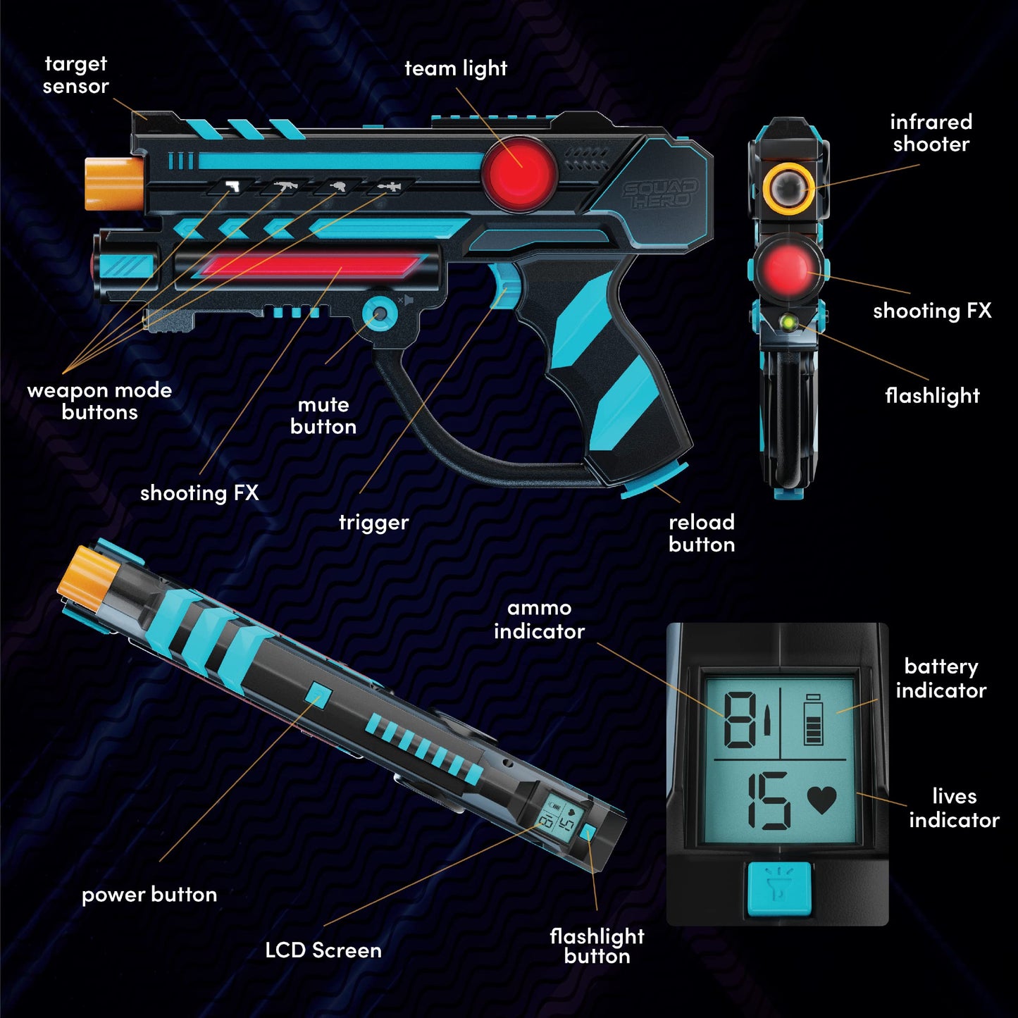 Squad Hero Rechargeable Laser Tag 360 Sensors + LCDs - Set of 4 - Easter Gift Ideas for Kids Teens and Adults Boys & Girls Famil