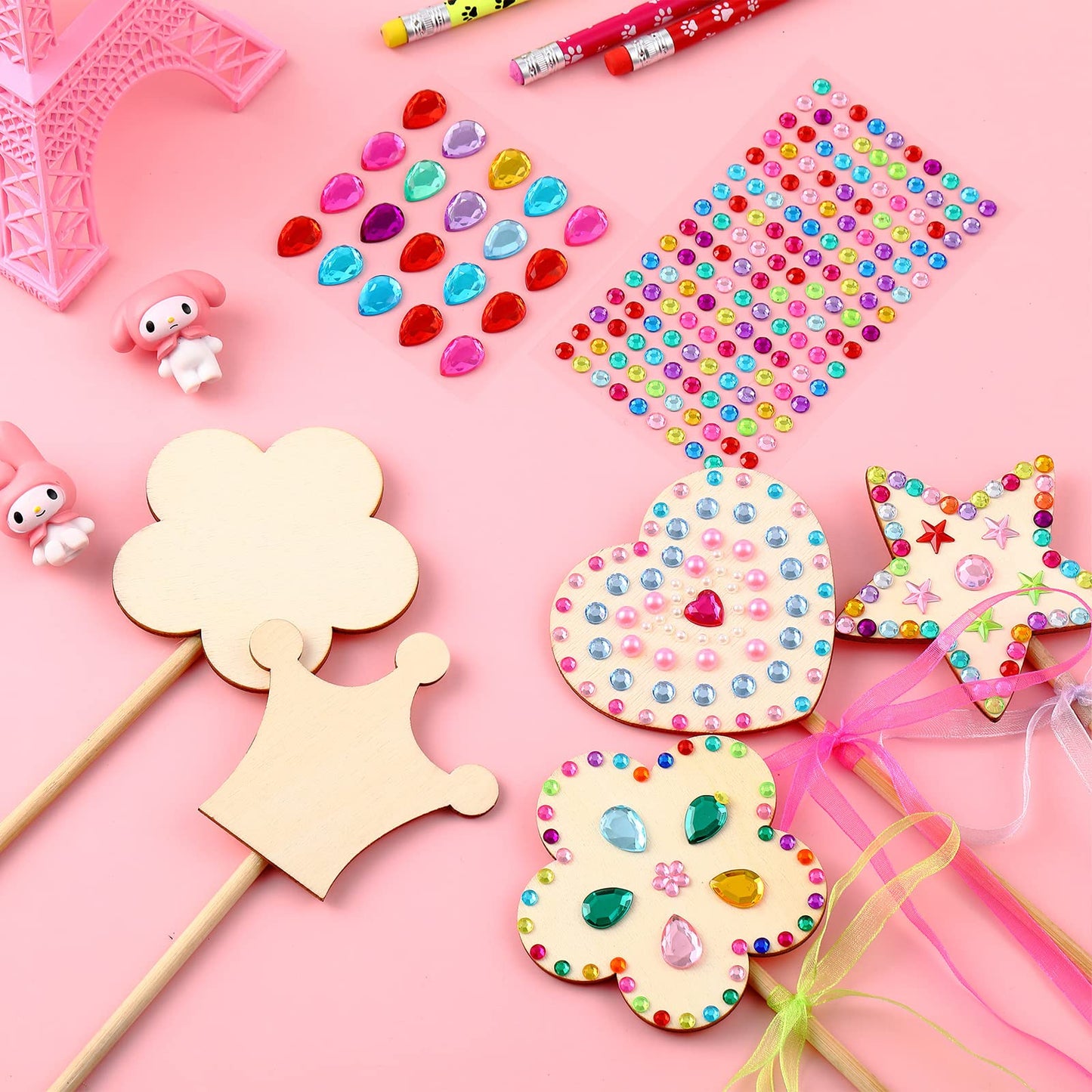 Chinco Princess Fairy Wands Kit Include Wooden Fairy Wands, Gem Stickers, Ribbons Unfinished Wooden Diy Magical Crafts Moon Butterfly Magical Crafts For Girls Make Your Own Princess(36 Sets)