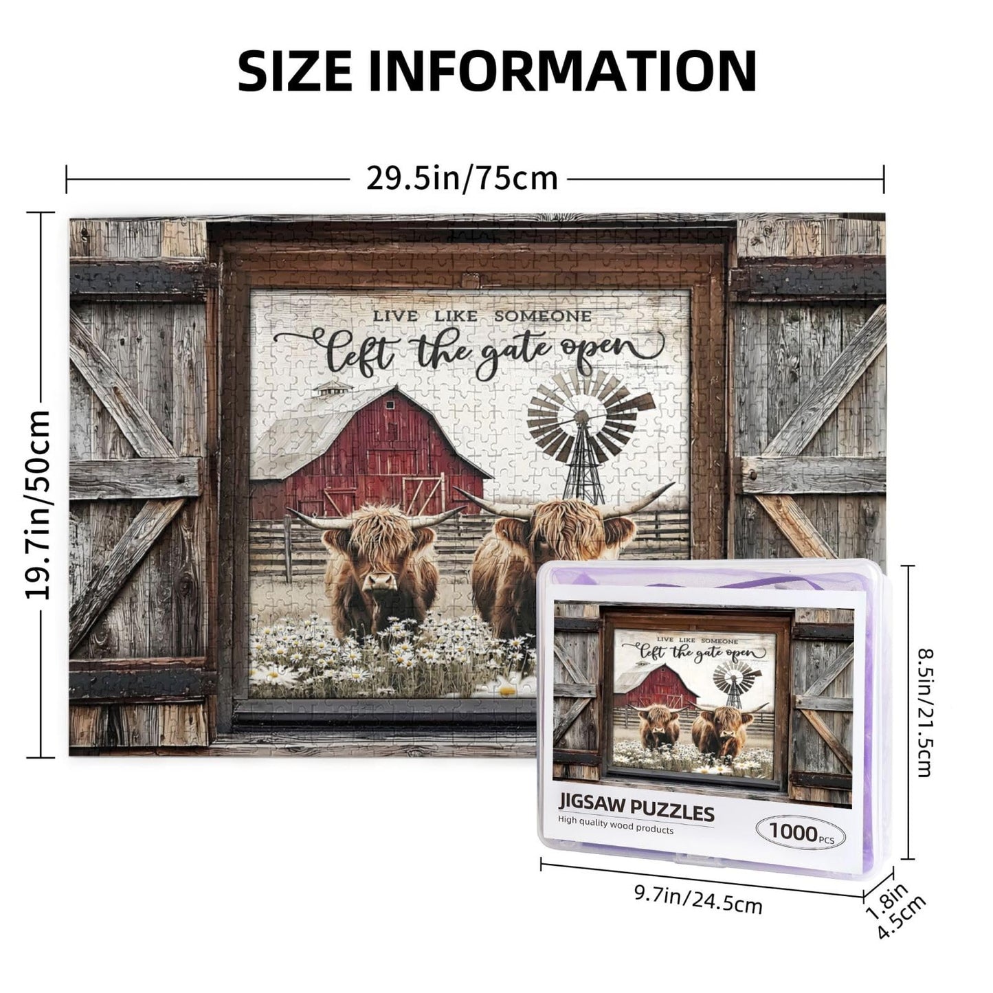 Highland Cow Jigsaw Puzzles 1000 Pieces for Adults, Farm Animal & Daisies Country Scene, Rustic Window View Wooden Puzzle, Relax