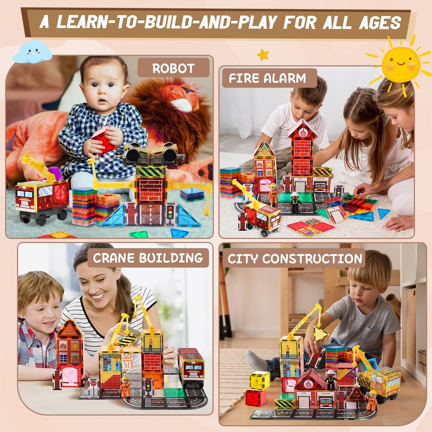 Magnetic Tiles Road Set with 2 Cranes & Double-Sided Magnet Tiles,Boys Toys for Ages 3-5 5-7 8-12,STEM Magnetic Building Constru