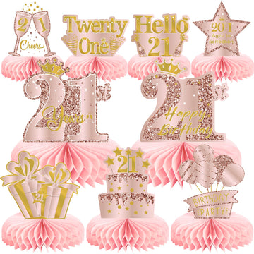 9Pcs 21St Birthday Decorations Pink Rose Gold Honeycomb Centerpieces For Women Girls,Happy 21St Birthday Table Centerpieces Part