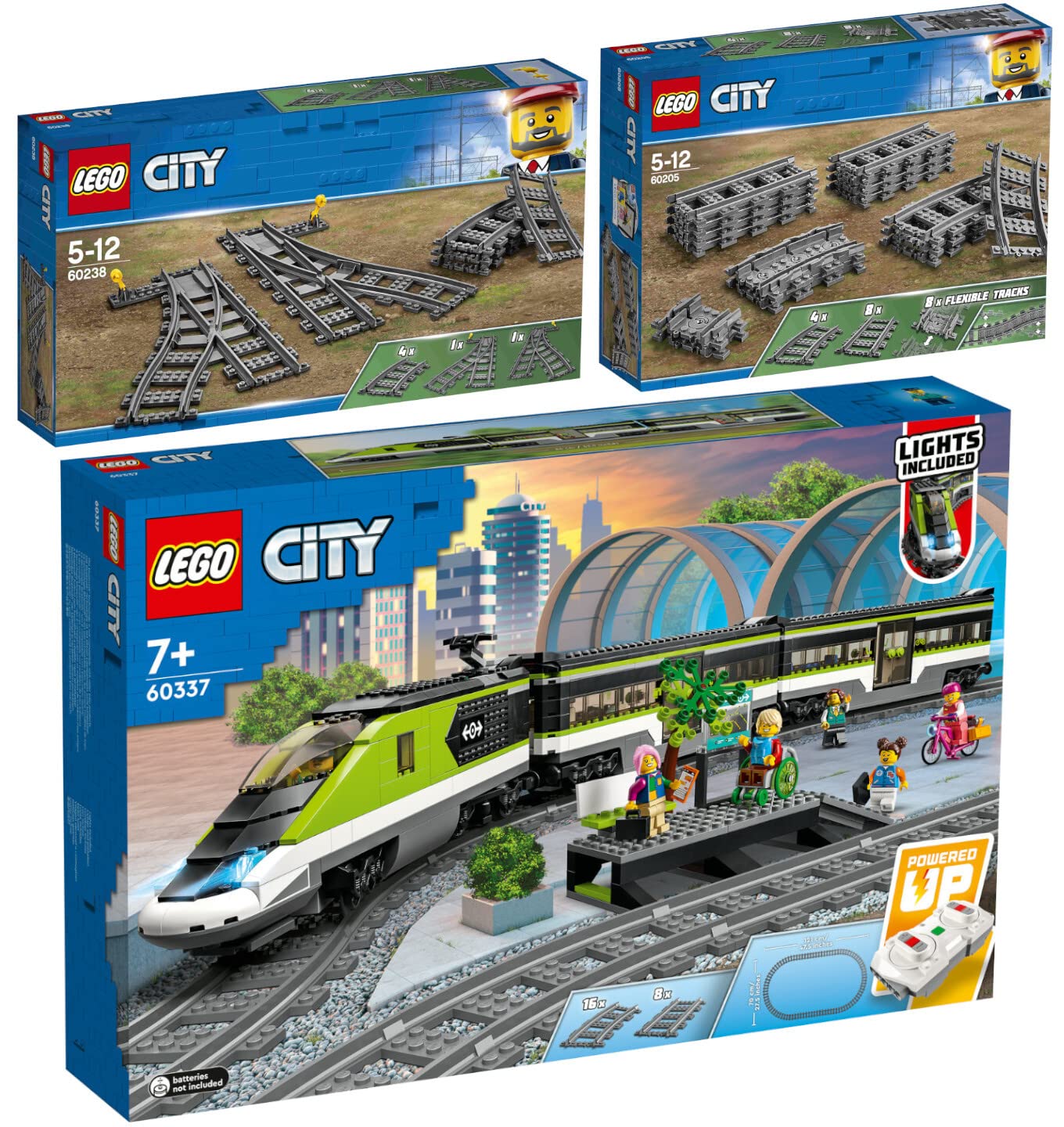 LEGO City Set of 3: 60337 Passenger Express Train, 60238 Turnouts & 60205 Rails