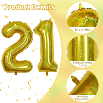 21St Birthday Balloons For Men, Large Laser Gold Foil Number 2 & 1 Balloons, Mylar Globos Dorados Self Inflating Helium 21 Ballo