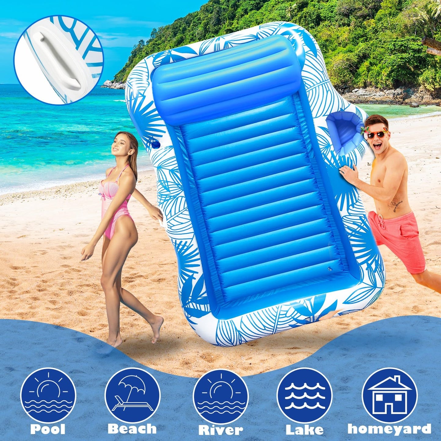TURNMEON Extra Large Inflatable Tanning Pool Float Lounger with Backrest & Drink Holder, Pink/Blue, Water-Filled, Perfect for Pool Parties