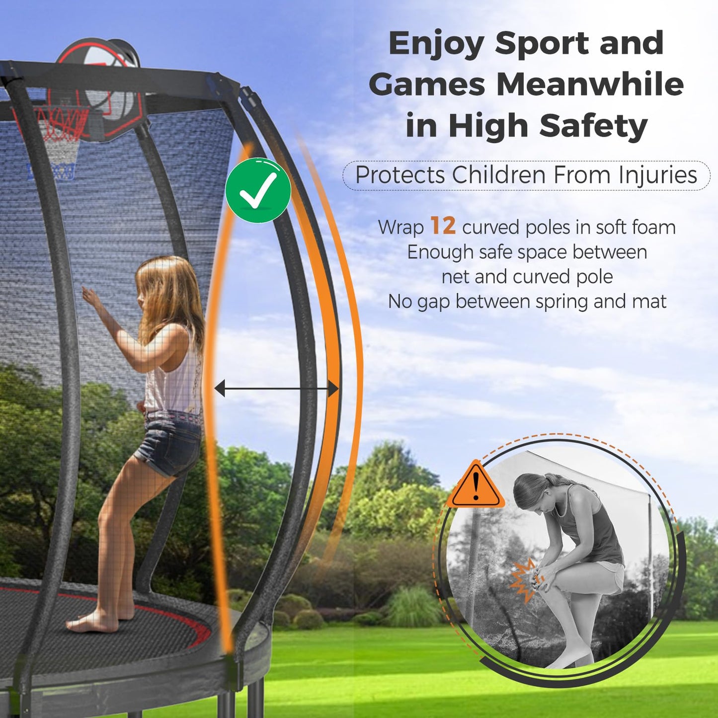Tatub 14Ft Trampoline For Kids And Adults, Outdoor Recreational Trampolines With Basketball Hoop & Enclosure Net, Curved Poles,