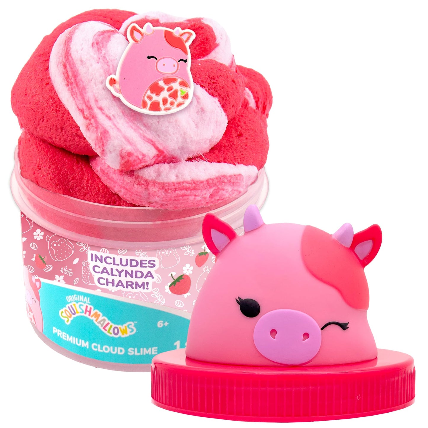 Original Squishmallows Calynda The Cow Premium Cloud Slime, 8 Oz. Fluffy Slime, Strawberry Scented, 3 Fun Slime Add Ins, Pre-Made Slime For Kids, Great 6 Year Old Toys, Super Soft Sludge Toy