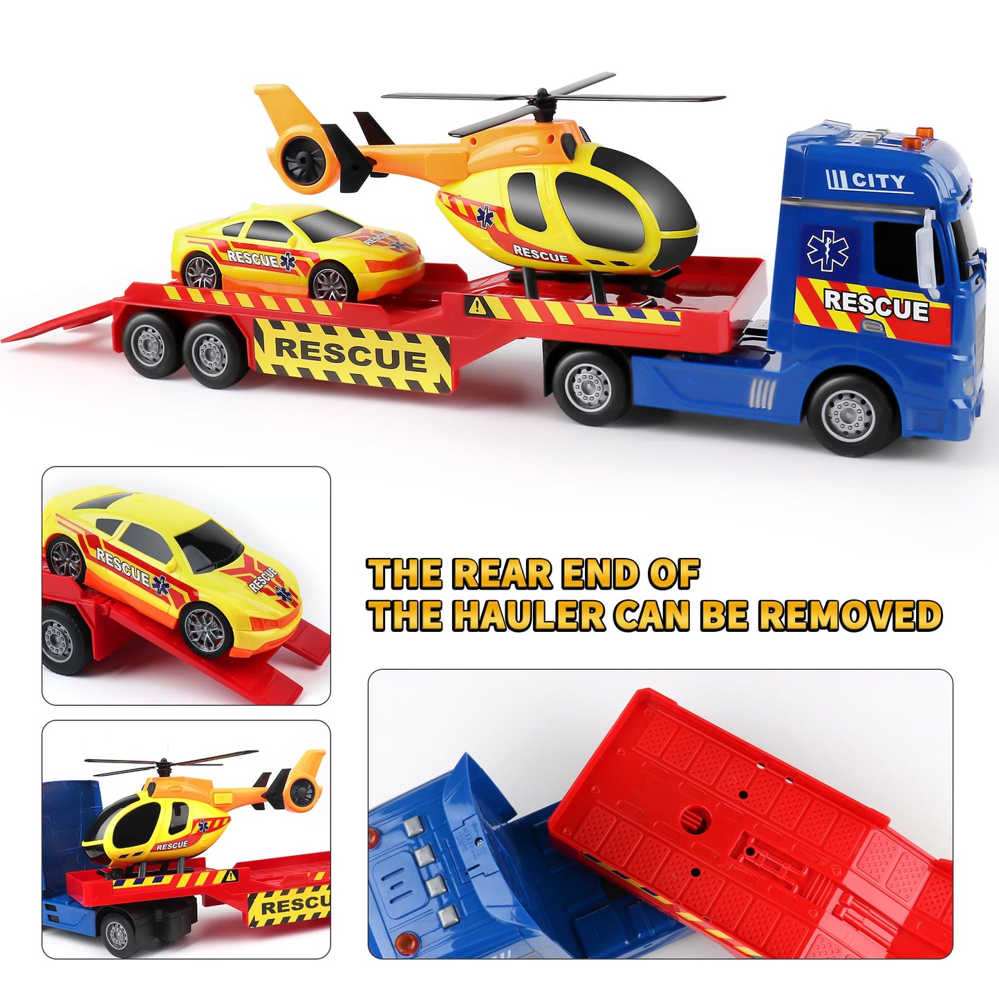 Dwi Dowellin Tow Truck Toy - 25.6" Semi Truck with Racing Car & Helicopter, Blue, Plastic, Model 666-71F, Ideal Gift for Kids 2-