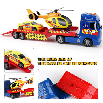 Dwi Dowellin Tow Truck Toy - 25.6" Semi Truck with Racing Car & Helicopter, Blue, Plastic, Model 666-71F, Ideal Gift for Kids 2-