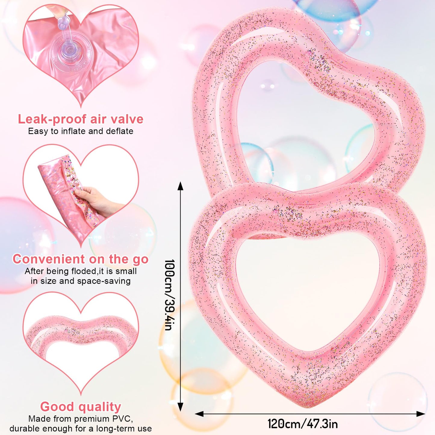 Whaline 3Pcs Inflatable Heart Pool Float With Glitter Inside Rose Gold Swim Heart Shaped Pool Rings Float Loungers Tube For Summer Swimming Pool Beach Bachelorette Party, 47.3 X 39.4 Inch