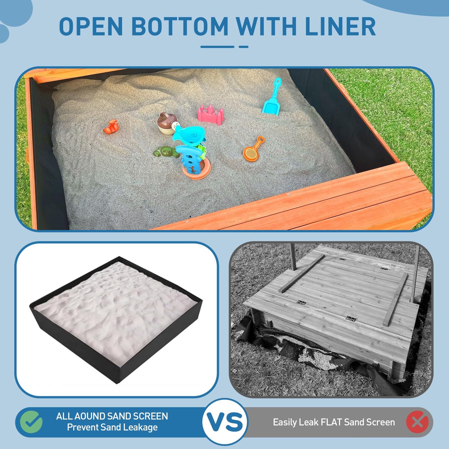 Funxplore Wooden Kids Sandbox With Lid Sand Box With Cover Outdoor Sand Pit With Picnic Table Ages 4-8 Bottom Liner