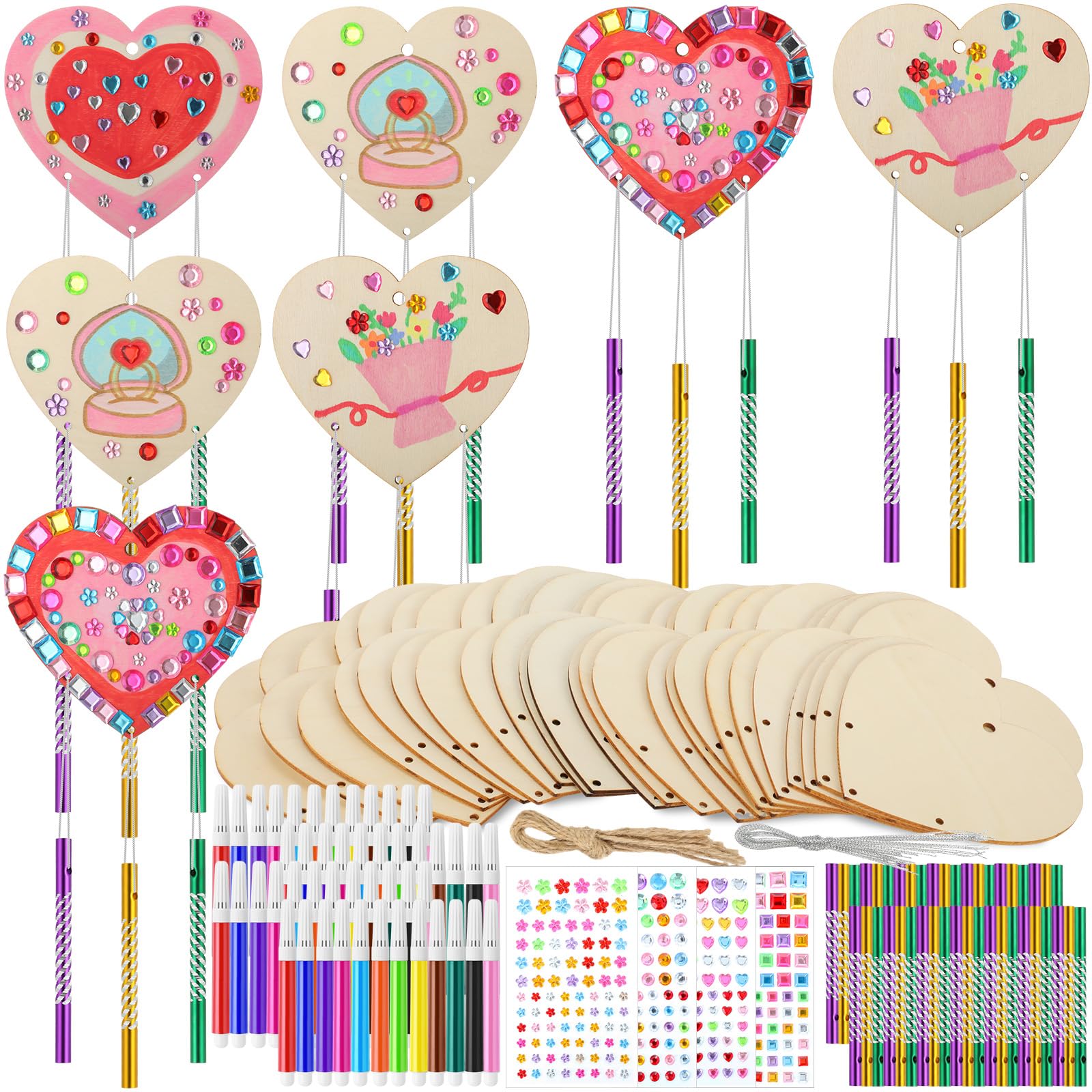 Blueweenly 24 Pack Valentine Crafts for Kids Adults Wooden Heart Wind Chime Kit Make You Own Wood Heart Double Sided DIY Craft V