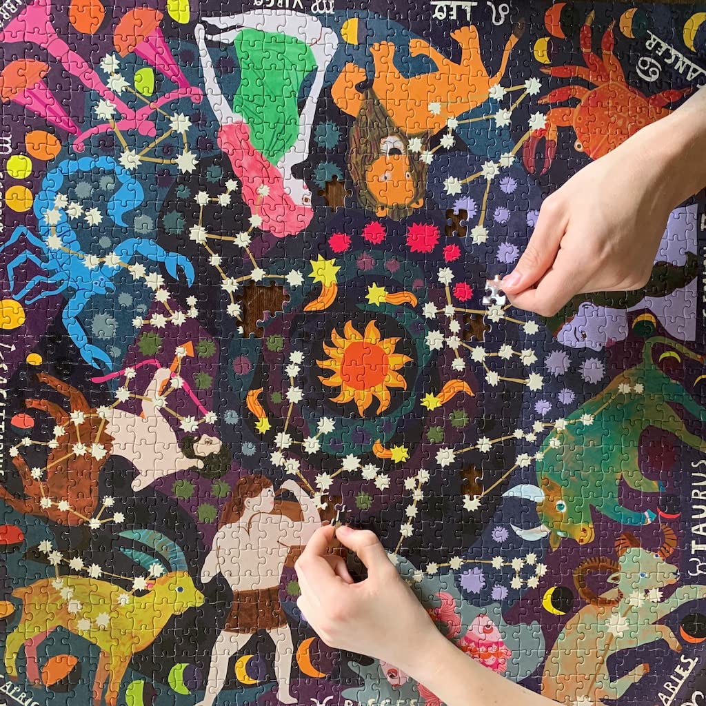 eeBoo 1000-Piece Glow in The Dark Zodiac Constellation Jigsaw Puzzle, Multi-Color Cardboard for Adults and Families, Model PZTZOD