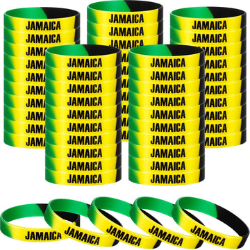 Leitee Jamaican Silicone Bracelet Bulk Black Yellow Green Rubber Wristband for Men Women Jamaican Birthday Party (50 Pcs)