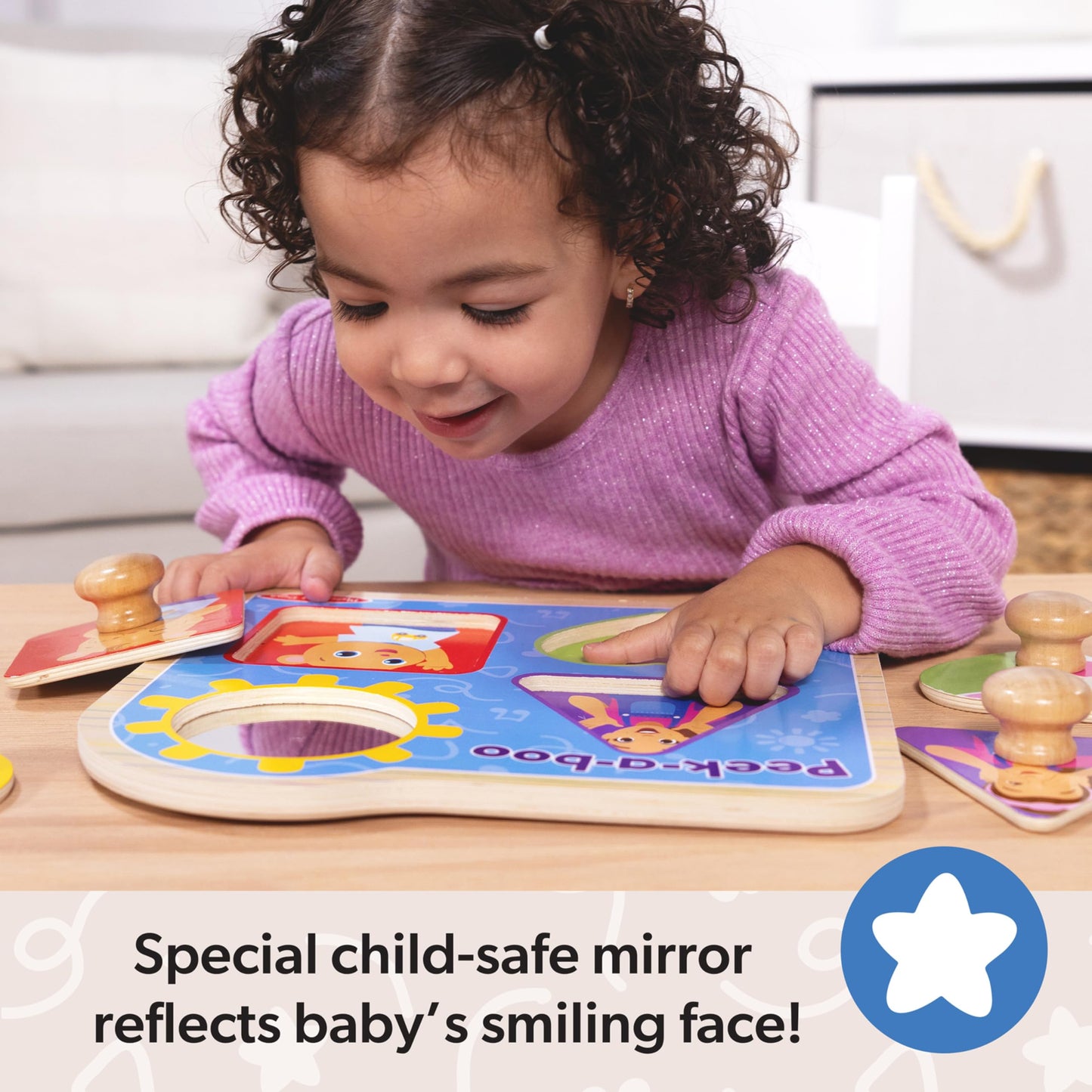 Melissa & Doug? Ms. Rachelwooden Peek-A-Boo Jumbo Peg Puzzle, 4-Piece With Mirror, Toddler Toys For Boys And Girls Ages 1+ Years