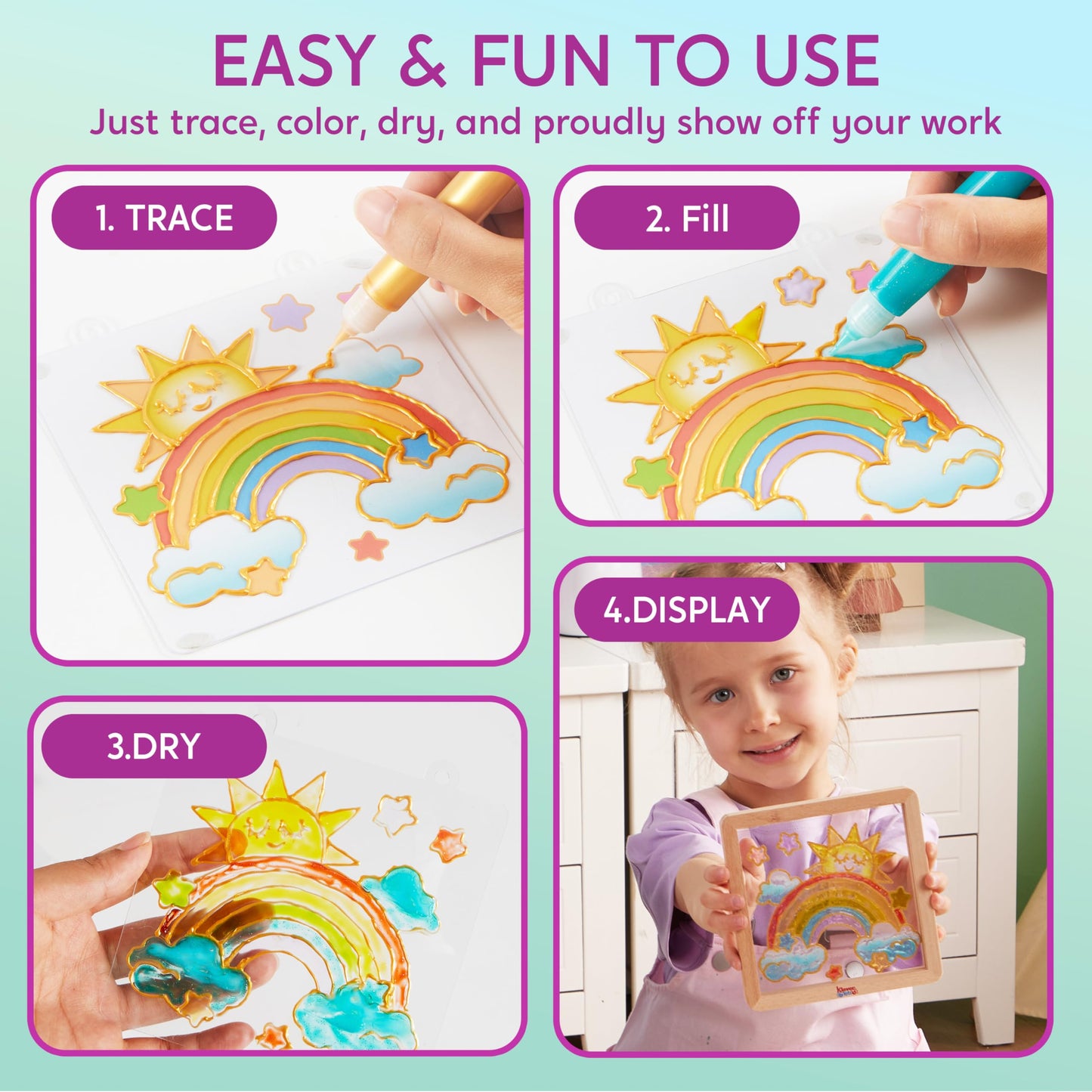 Klever Kits DIY Gel Art Suncatcher Kits for Kids, Paint Your Own Unicorn Window Art Kit with Photo Frame, Painting Arts and Craf