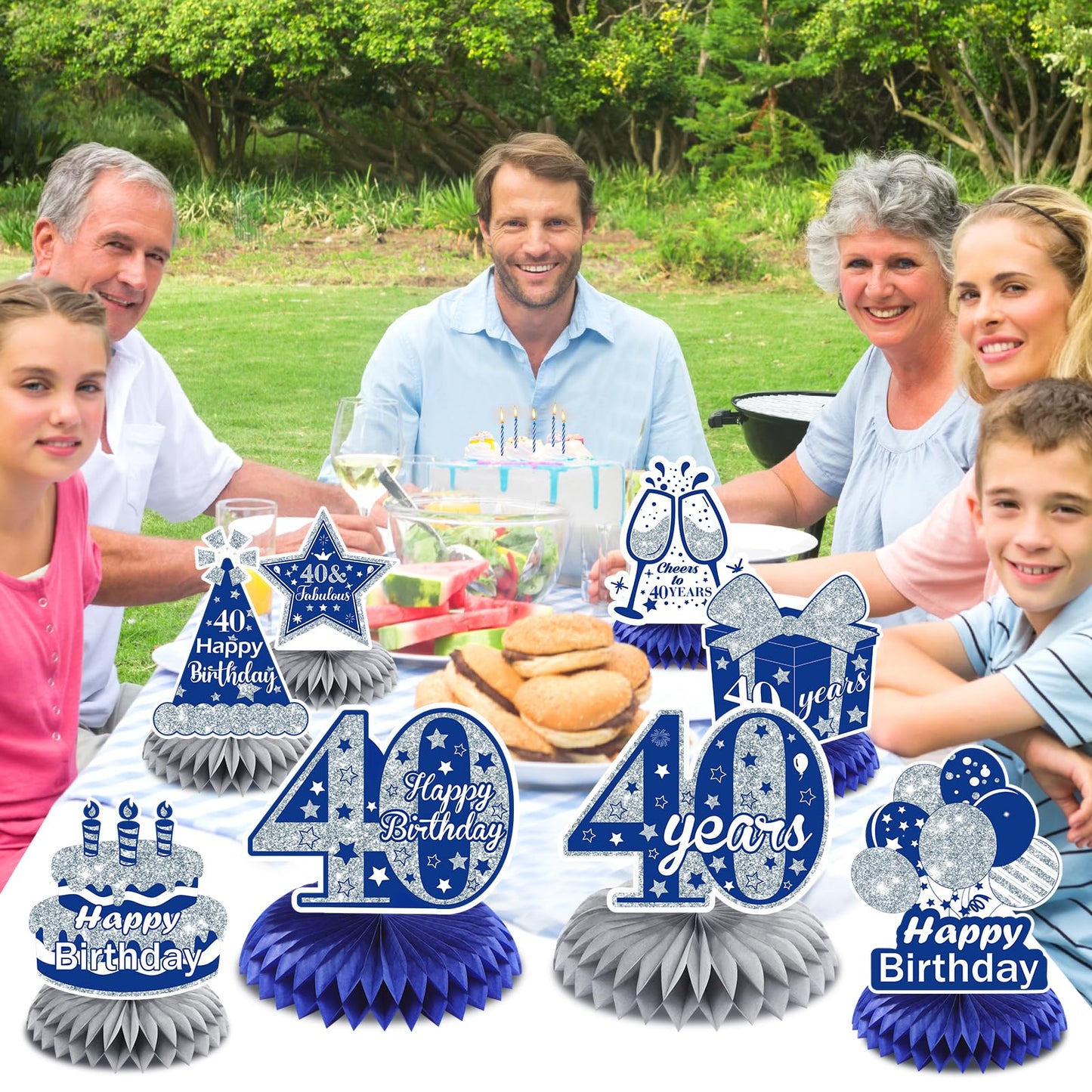 8Pcs Blue 40Th Birthday Decorations Navy Blue Silver Happy 40Th Birthday Table Honeycomb Centerpieces For Table Decor 40Th Birthday Table Topper For Men Women 40Th Birthday Anniversary Party Supplies