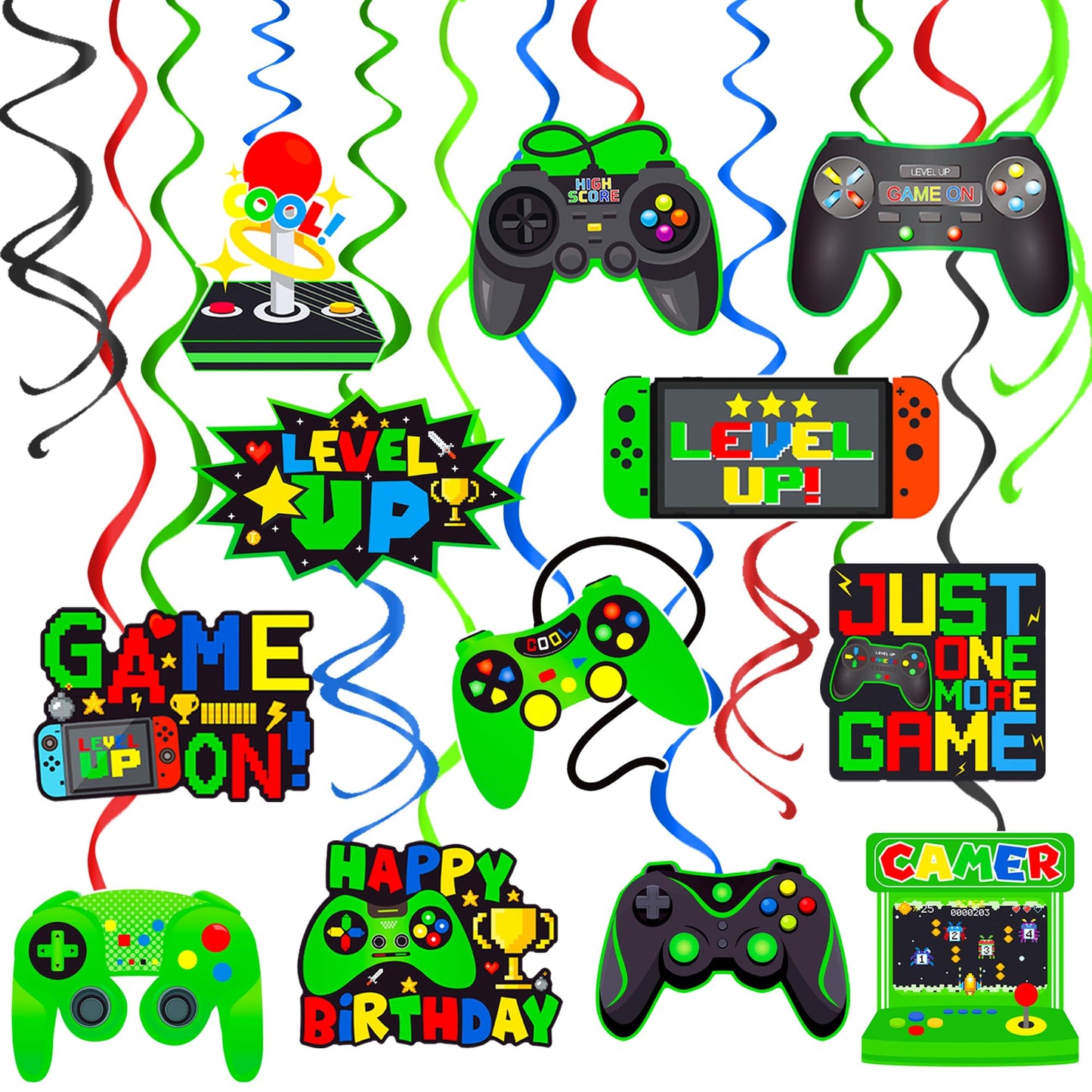 umoni Green Video Game Hanging Swirls 20Pcs Gamer Birthday Party Decorations Game On Birthday Hanging Decoraiton Gaming Ceiling 