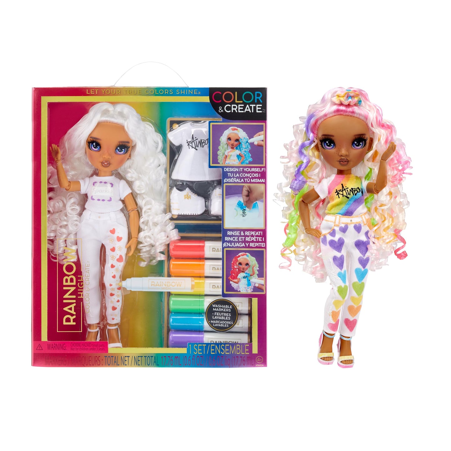 Rainbow High Color & Create Fashion Diy Doll With Washable Rainbow Markers, Purple Eyes, Curly Hair, Bonus Top & Shoes. Color, Create, Play, Rinse And Repeat. Creative 4-12+