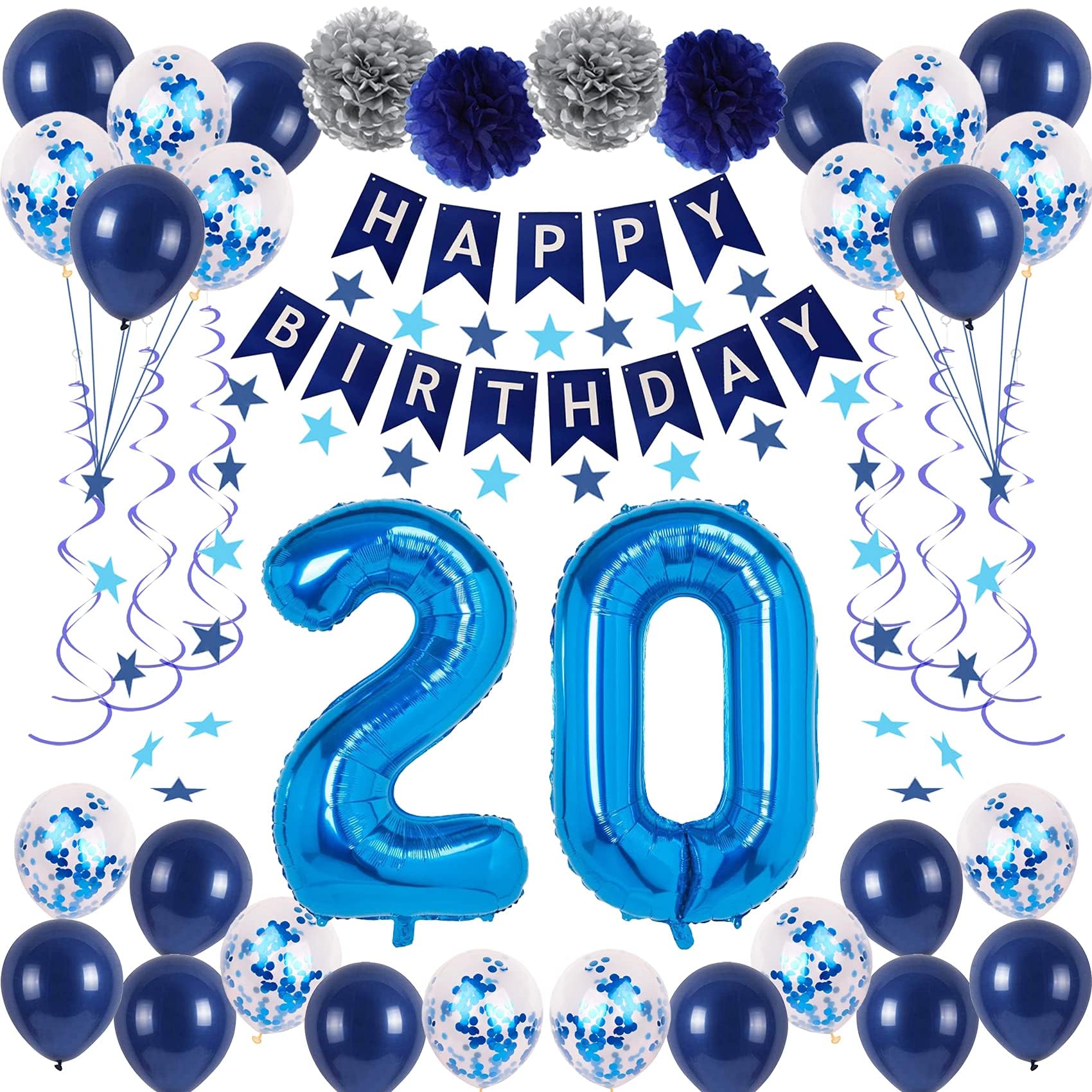 Naninuneno 20Th Blue Birthday Party Decorations For Boy Girl Men Women, Happy 20 Birthday Balloons Supplies With Happy Birthday