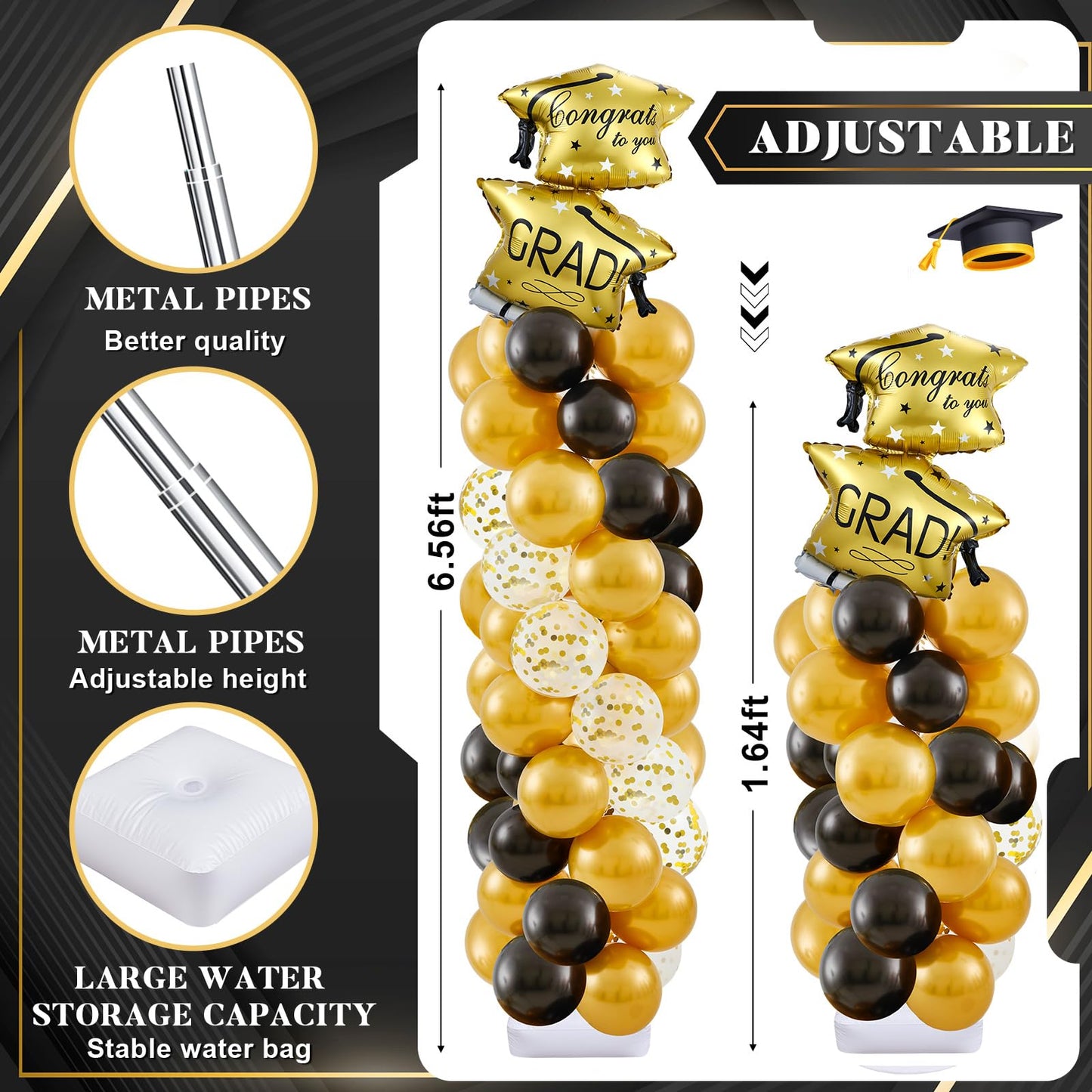 Gejoy 4 Sets Graduation Balloon Column Stand Kit with 314 Pcs Black Gold Latex Balloons 2025 Letters 6.5 ft Adjustable Metal Tub