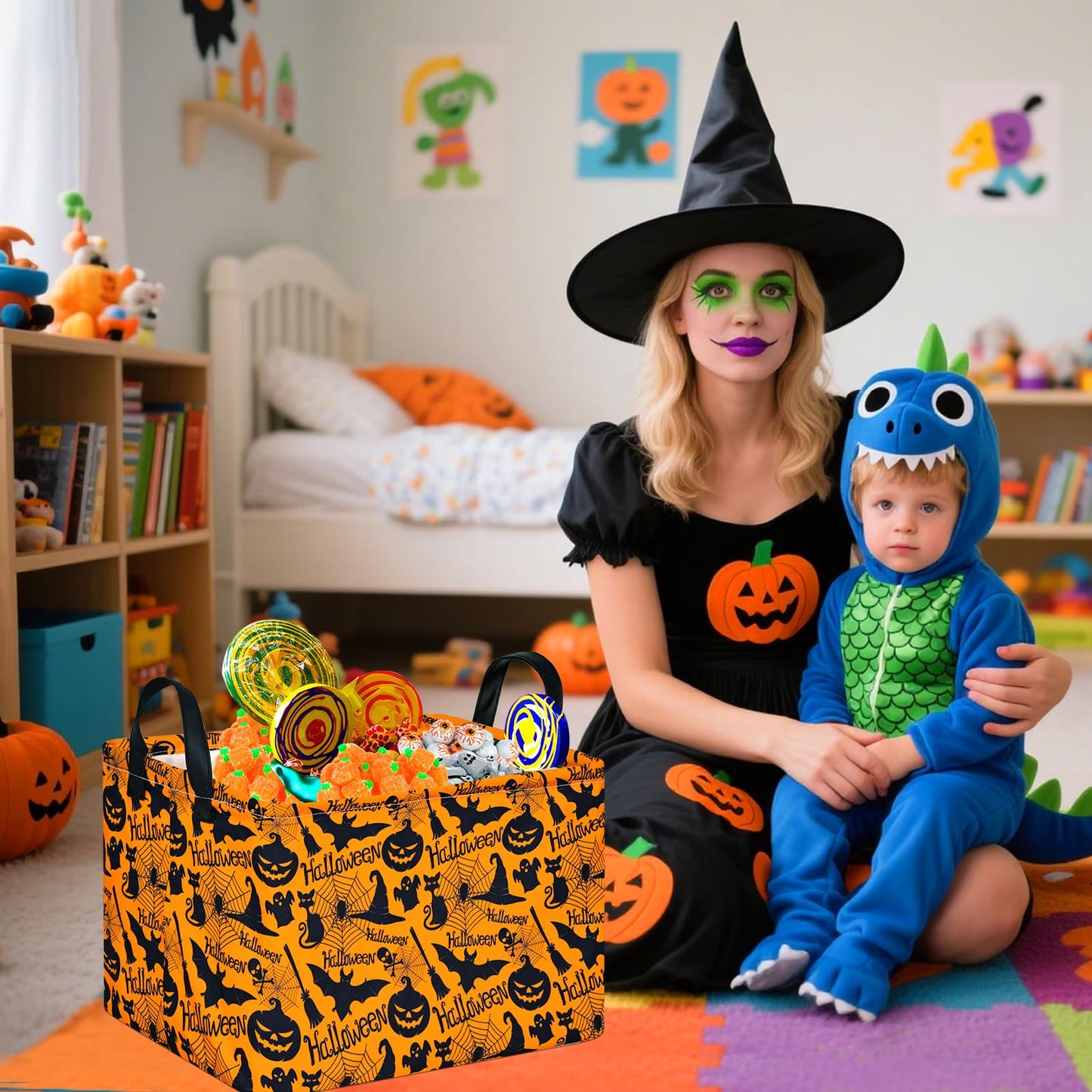 MAIZMZ Halloween Storage Basket Pumpkin Ghost Gift Basket for Kids Foldable Toy Box Waterproof Organizer Bin Laundry Nursery Ham