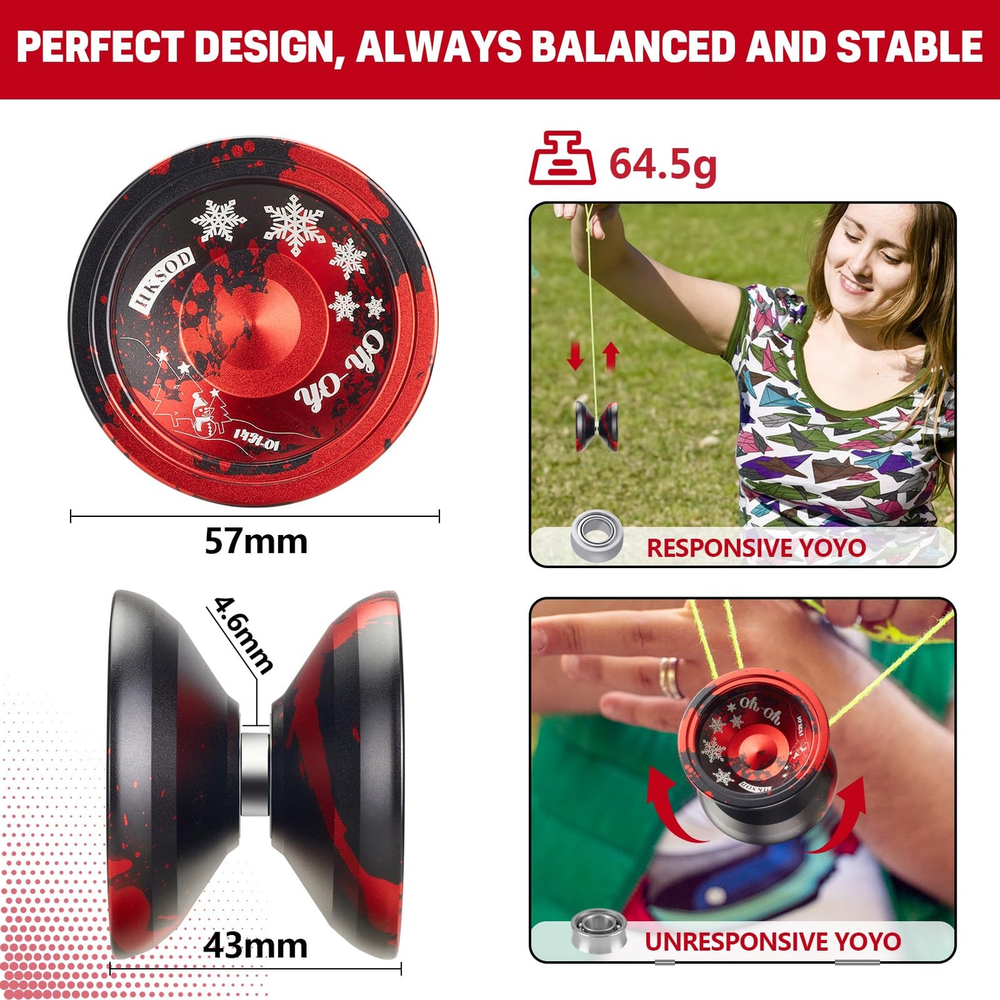 HKSOD Yoyo Professional Responsive Yoyo for Kids Beginners  Unresponsive Professional Yoyos for mature-themed  Trick Yoyos for Advanced Players with Bearing Accessories+Removal Tool (Black & Red)