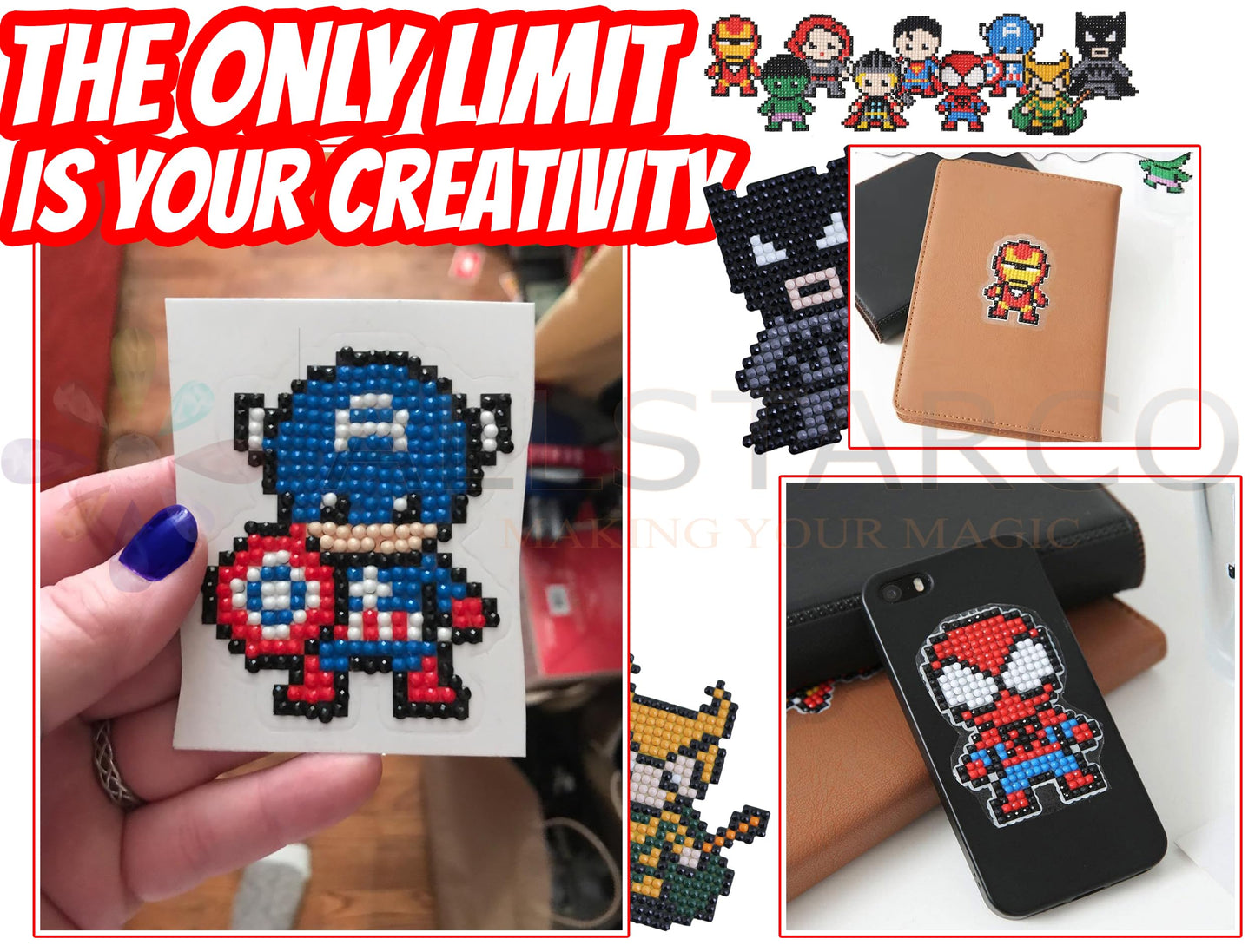 Kids Crafts Gem Art Hero Sticker Kit - Diamond Painting by Numbers with Rhinestones Fun & Easy - includes 9 Super Hero Stickers