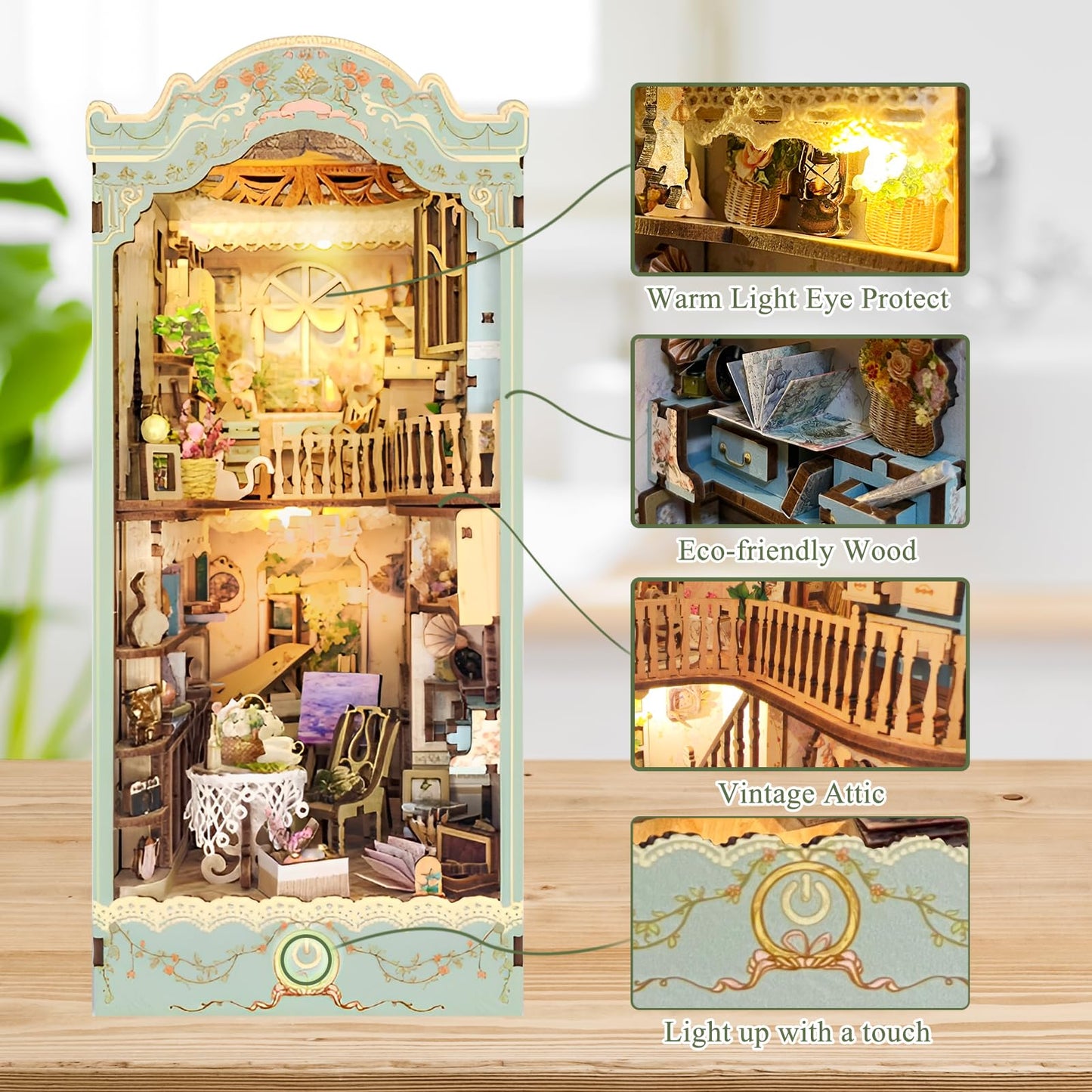 CRIOLPO Book Nook Kit - DIY Dollhouse Booknook  Book Nook Miniature Kit for Bookshelf Insert Decor Craft for mature-themed Teen Halloween  3D Wooden Puzzle Bookends with Sensor Led Light