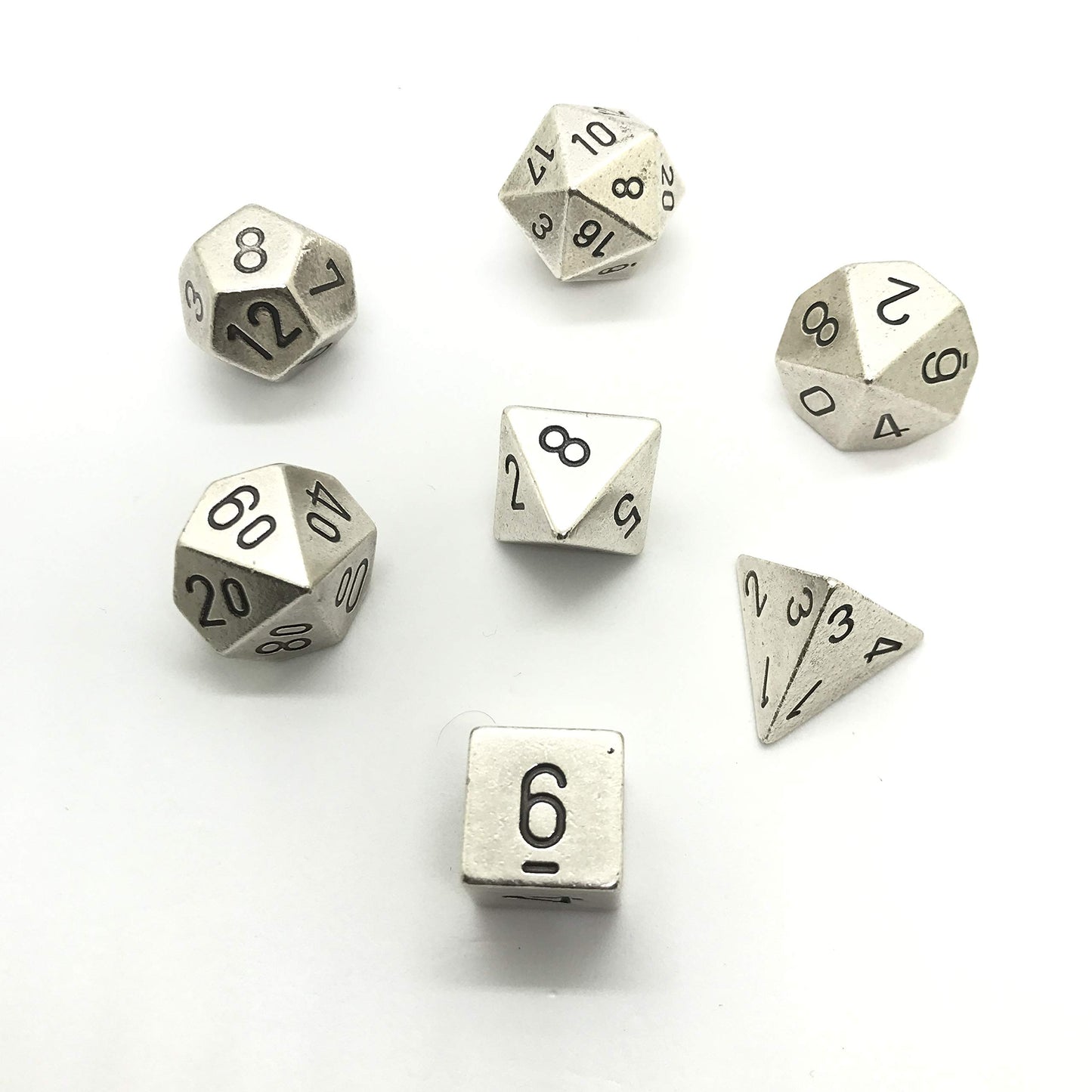 chessex Manufacturing cHX27021 Metal Dice with Black Numbers - Silver  Set of 7