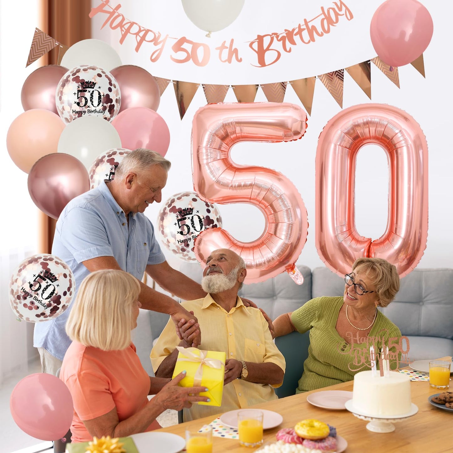 50Th Birthday Decorations Retro Pink Rose Gold,50Th Birthday Balloons,Happy 50Th Birthday Banner With Cake Toppers Rose Gold Num