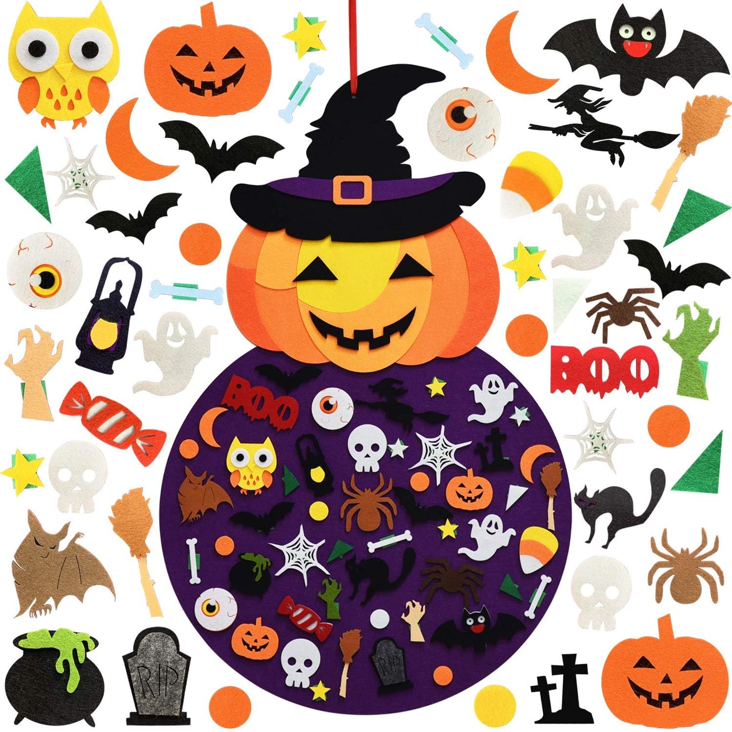 THAWAY DIY Halloween Felt Pumpkin Witch Hanging Decor for Kids Felt Crafts and Kits Adhesive Ornaments Halloween Party Favor Dec