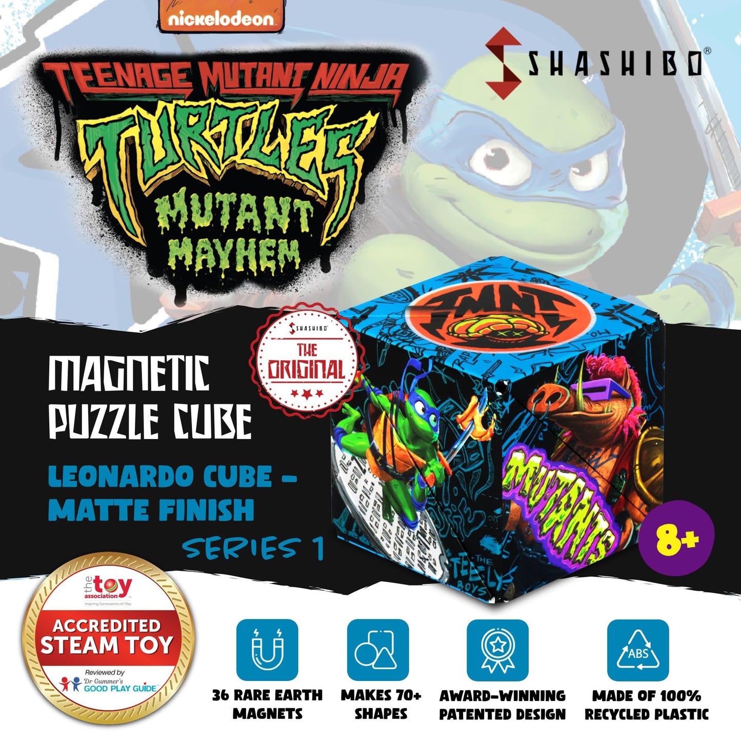 Shashibo Teenage Mutant Ninja Turtles Shape Shifting Box - Award-Winning, Patented Magnetic Puzzle Cube W/36 Rare Earth Magnets -Fidget Cube Transforms Into Over 70 Shapes (Leo Series 1)