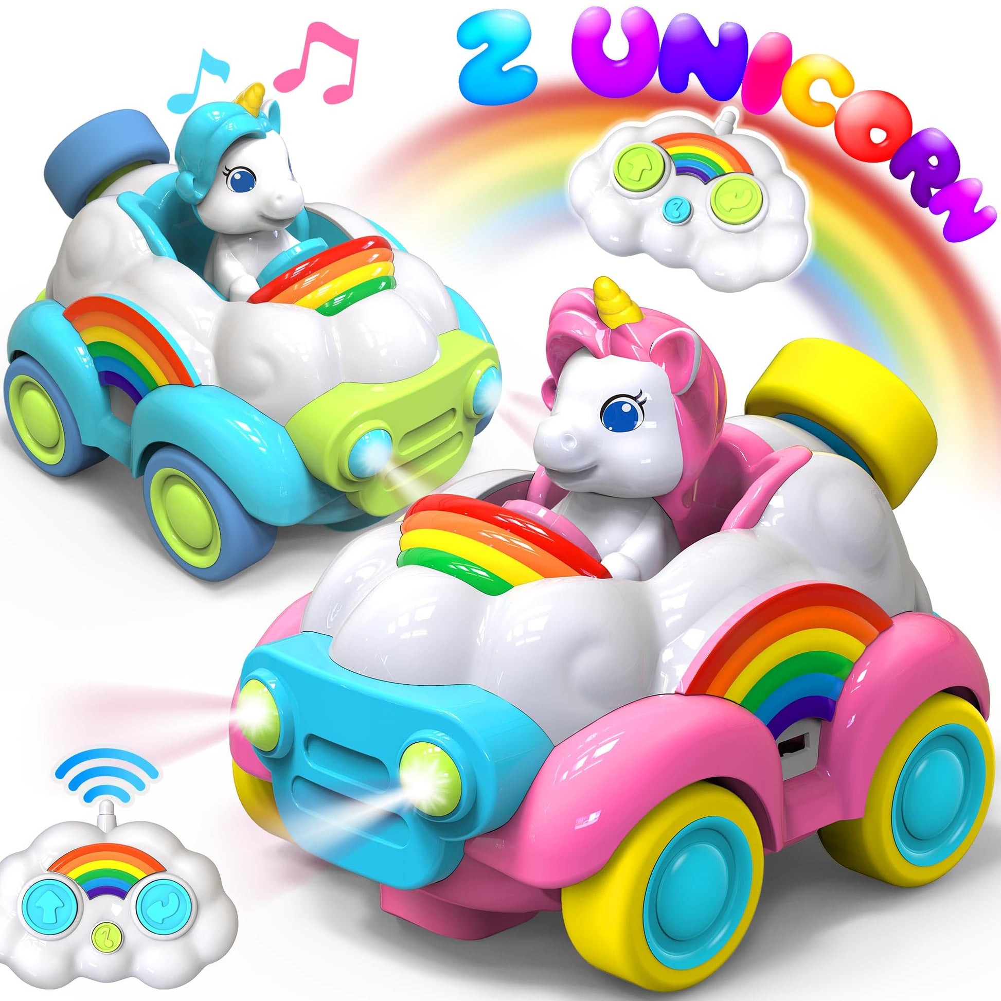 HopeRock Unicorn Toys Remote Control Cars,Toys for Ages 2-4,Gifts for 2 Year Old Girls 2 Pack with LED Lights,Music,and Sound,Bi