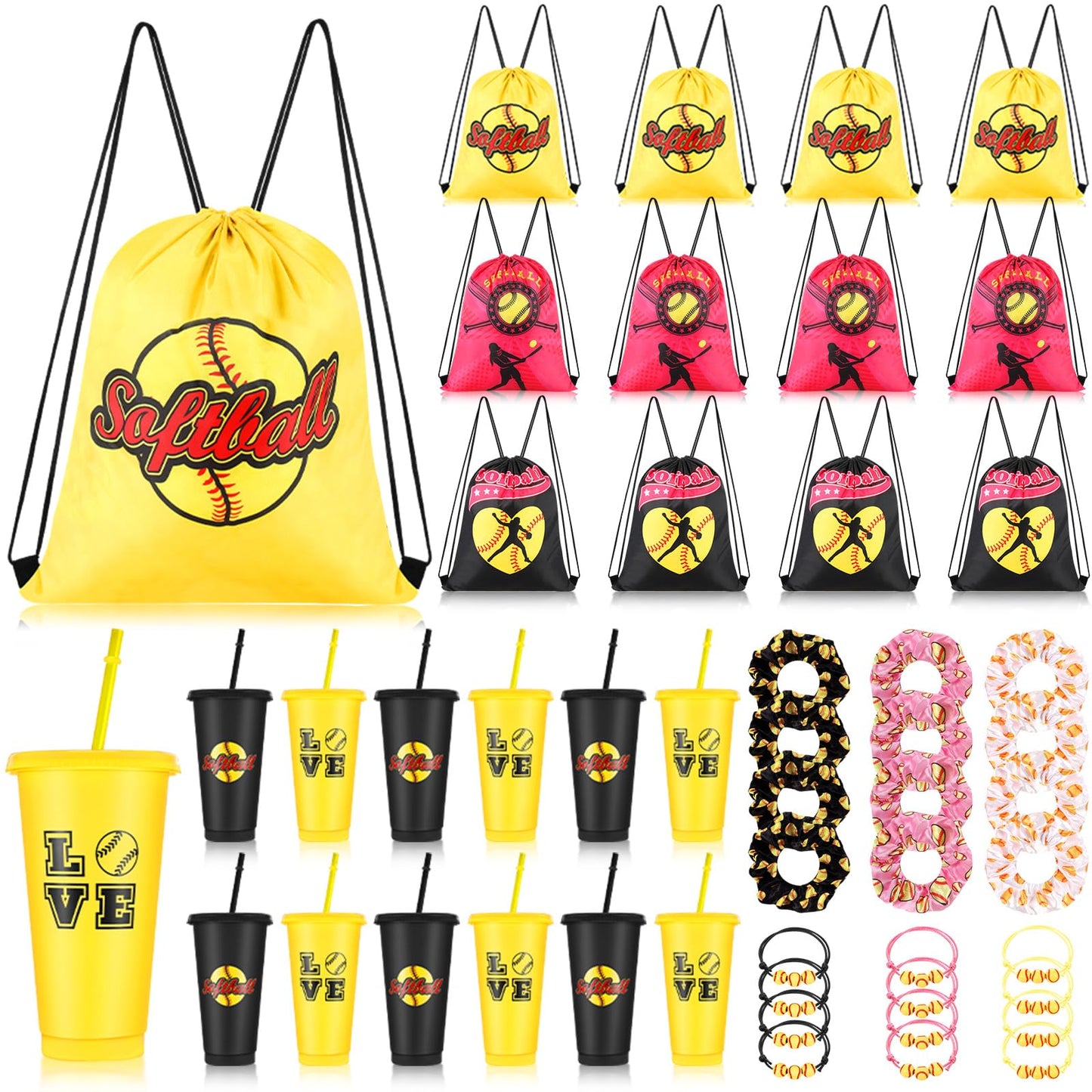 Yungyan 48 Pcs Softball Party Favors Set Softball Goodie Bags 24oz Softball Cups with Lids Sport Drawstring Bags Softball Hair T