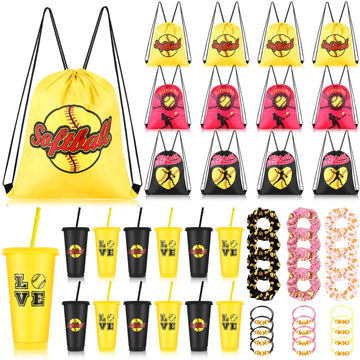 Yungyan 48 Pcs Softball Party Favors Set Softball Goodie Bags 24oz Softball Cups with Lids Sport Drawstring Bags Softball Hair T