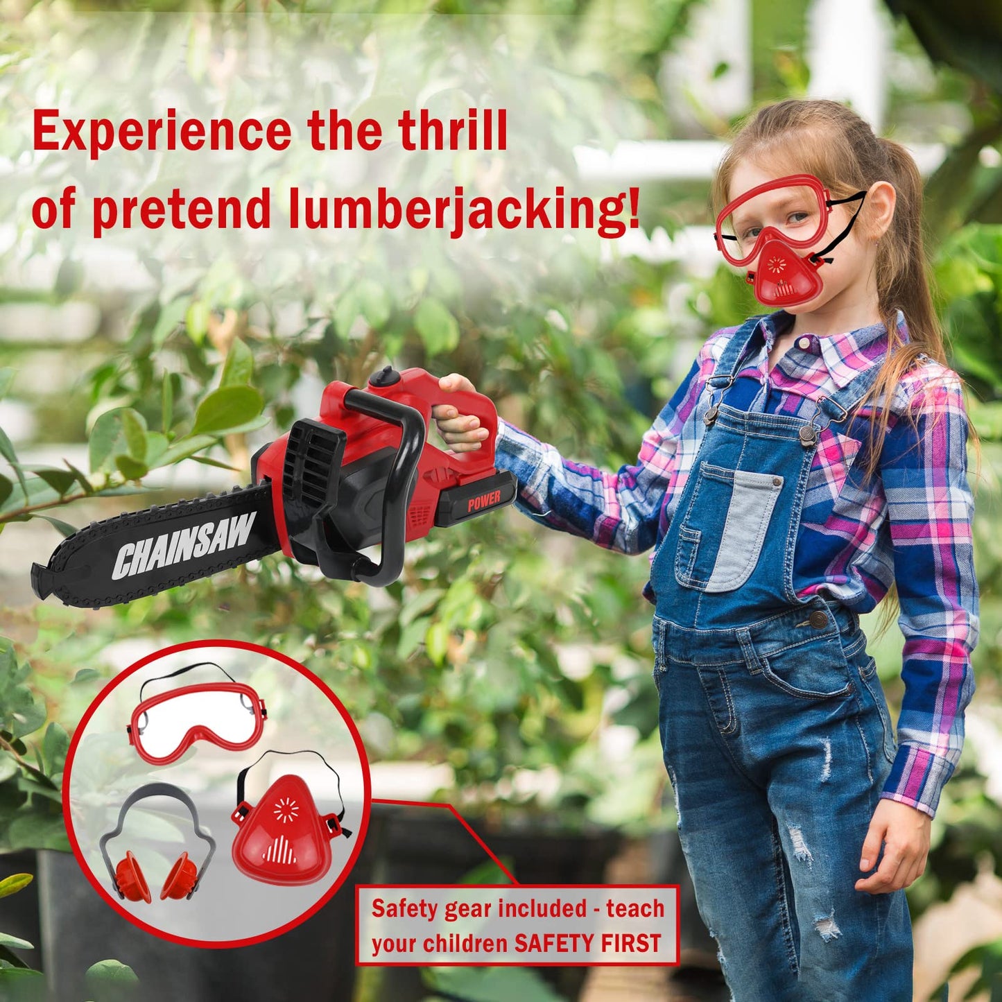 Kids Toy Chainsaw With Sound | Toddler Landscaping Gardening Tools And Equipment | Includes Safety Goggles Mask And Earmuffs