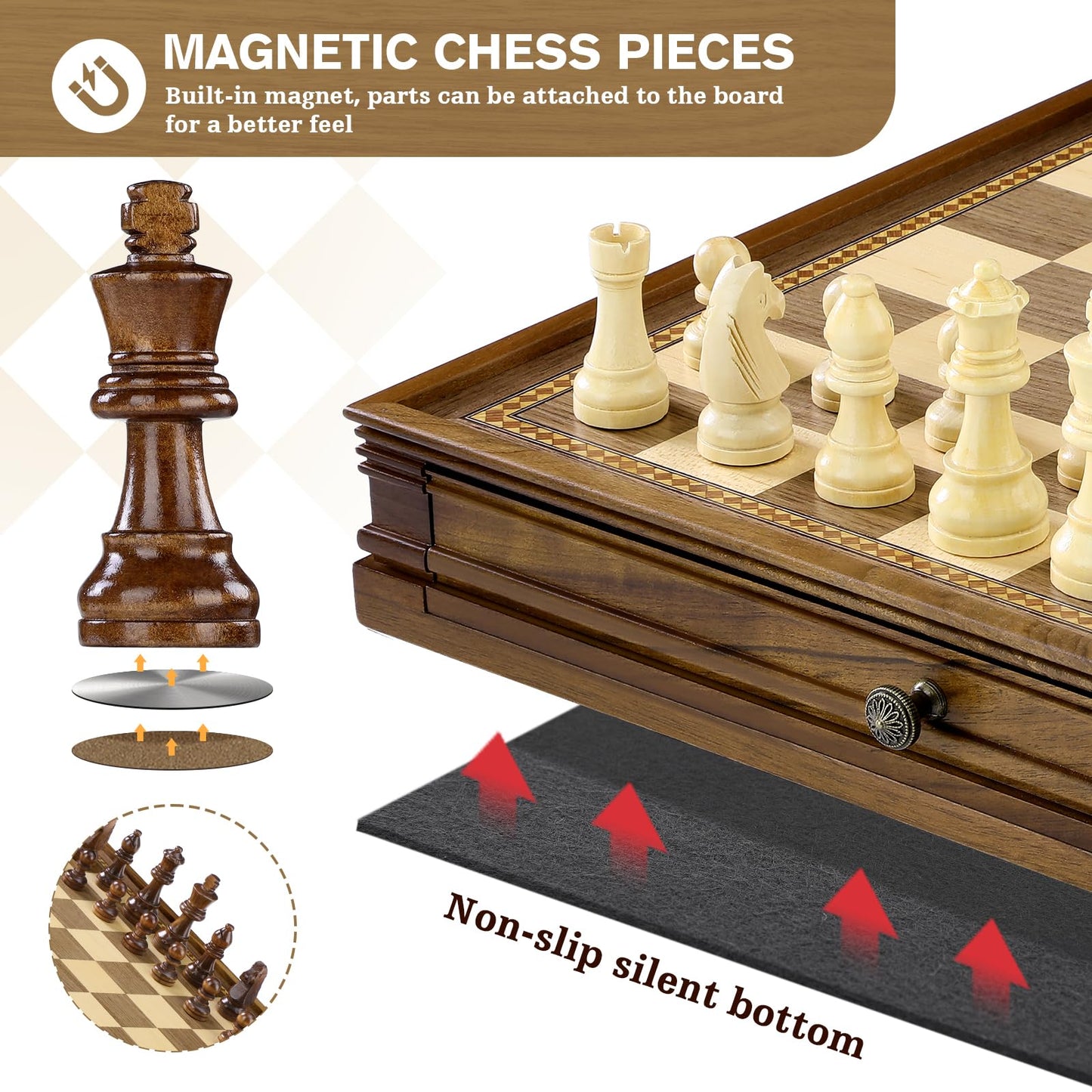 Peradix Magnetic Chess Checkers Board Sets With 2 Built-In Storage Drawers,15' Classic 2 In 1 Wooden Games With 2 Extra Queens For Kids And Adults,Travel Portable Chess Game Set