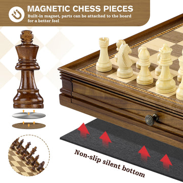 Peradix Magnetic Chess Checkers Board Sets With 2 Built-In Storage Drawers,15' Classic 2 In 1 Wooden Games With 2 Extra Queens For Kids And Adults,Travel Portable Chess Game Set