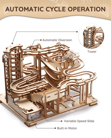 Sainsmart Jr. 3D Wooden Puzzles For Adults, 225 Pcs Marble Run Wood To Build, Electric Driven Mechanical Model Building Kit, Diy Gift For Aged 14+, Roller Coaster