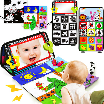 Tummy Time Mirror Baby Toys 3-6 Months Infant Newborn Toys 0-3 Months Brain Development Montessori Sensory Crinkle Toys Teether Black And White High Contrast Baby Toys 0-6 6-12 Month Boy Girl Gifts
