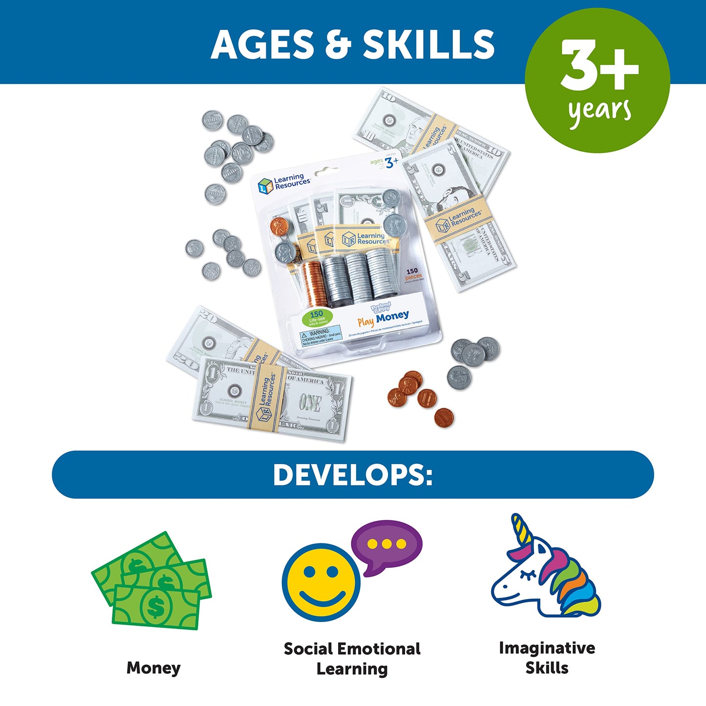 Learning Resources Pretend Play Money - 150 Pieces, Ages 3+ Play Money For Kids, Pretend Money For Kids, Play Money Set, Money A