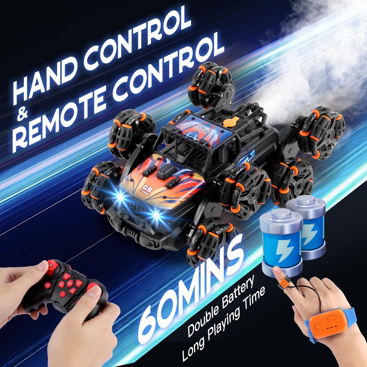 UrZoo 8 Wheels Remote Control Car, 2.4GHz Gesture Sensing RC Stunt Car with Spray & Cool Light for Kids 9-12 Year Old Christmas