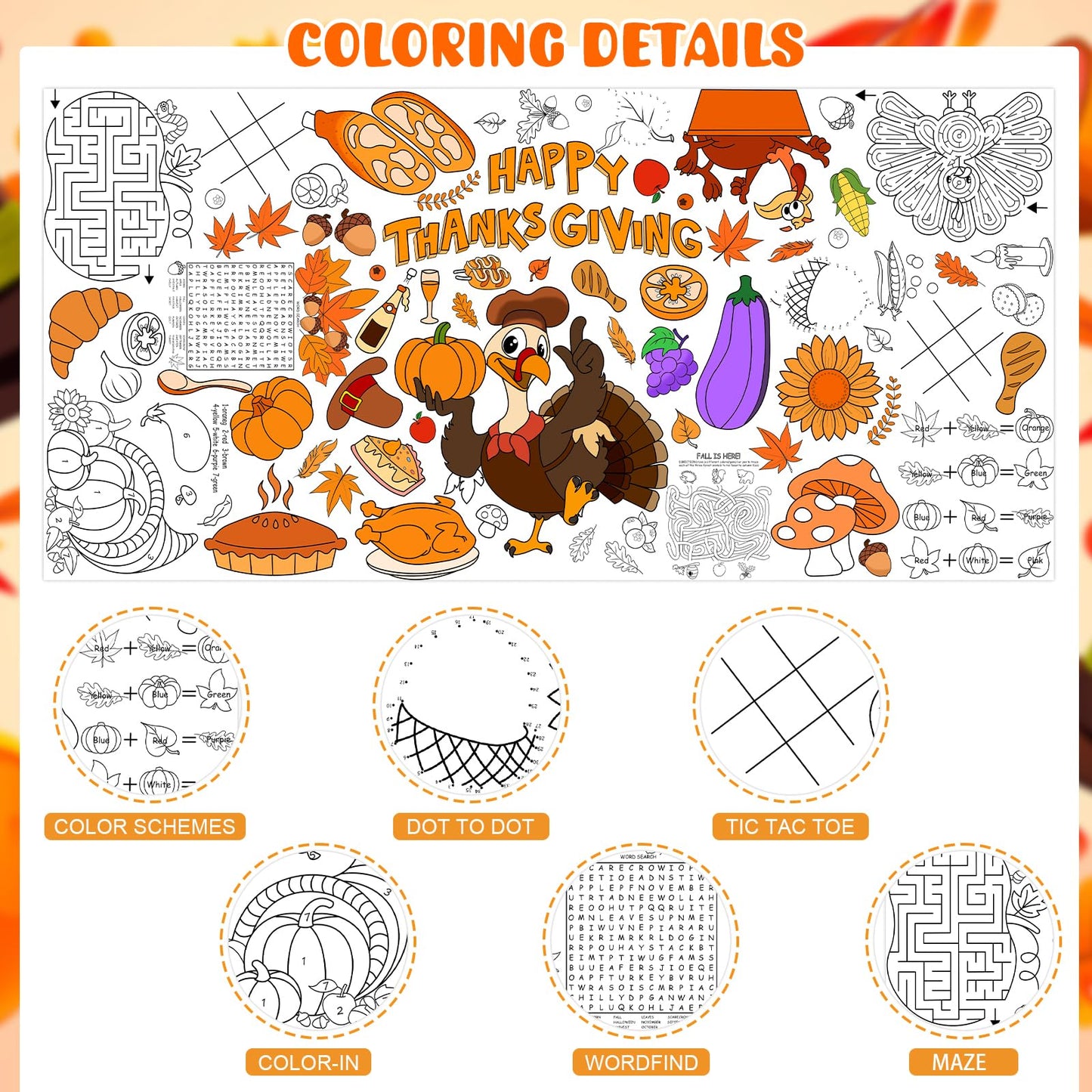 DERAYEE Thanksgiving Giant Coloring Poster, 72 x 35 Inches Disposable Thanksgiving Coloring Tablecloth Fall Harvest Themed Jumbo