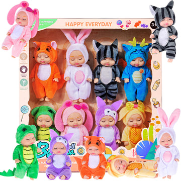 Dollbie 8 Pack Mini Baby Dolls - 4 Inch Animal Theme Lifelike Baby Dolls For Girls
