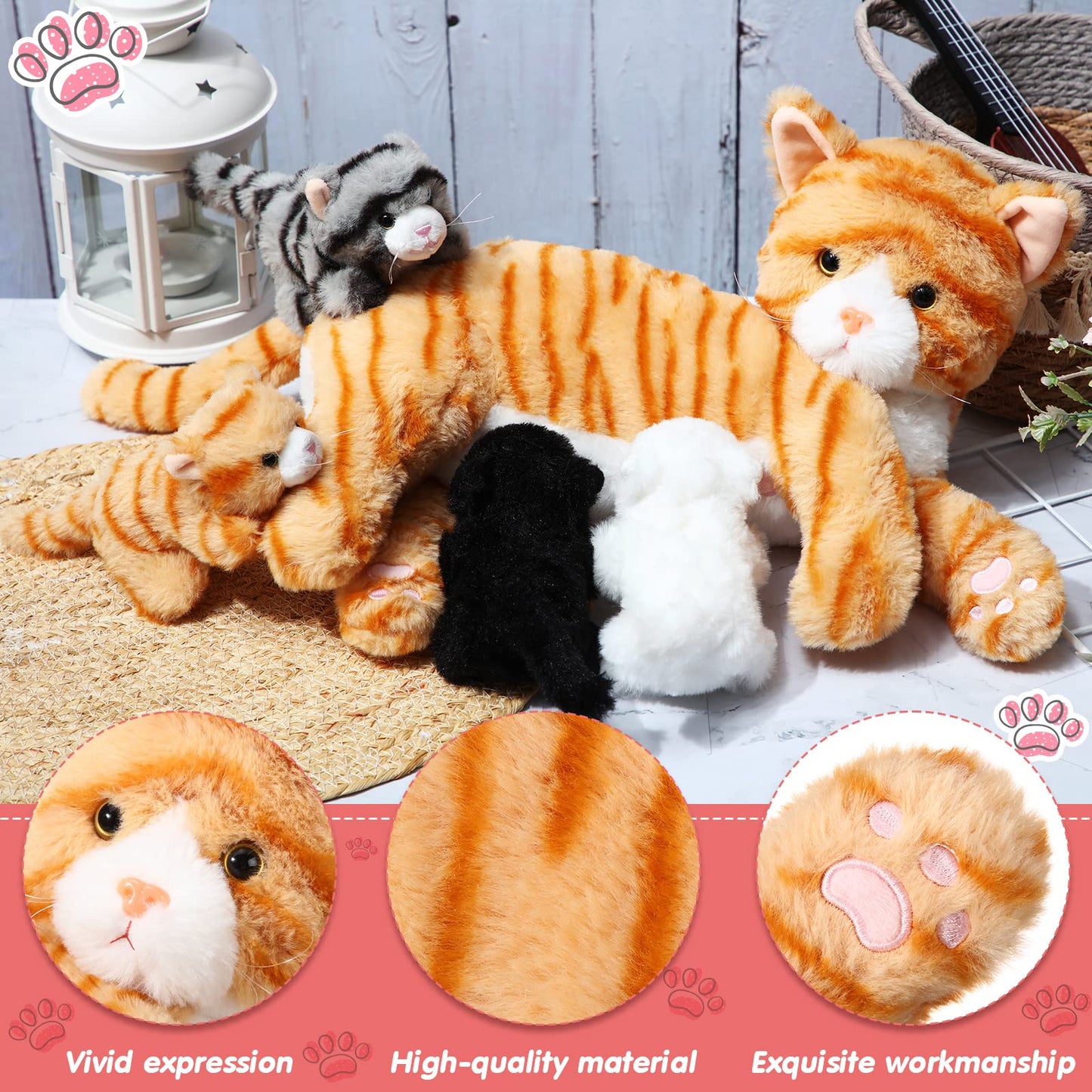 Skylety Cat Stuffed Animal Set with 4 Plush Kittens, Pink Plush Mommy Kitty, Perfect for Birthday Party Favors and Gifts, 5 Piece Assortment