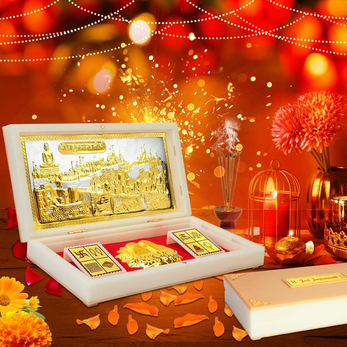 ARNAVIRA Gold Plated Jai Jinendra Jain Photo Frame with Charan Paduka Pocket Temple for House Warming Gifts Return Gift Diwali G