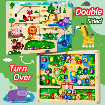 Rifamee 2 In 1 Magnetic Color And Number Maze Magnet Alphabet Counting Zoo Double Sided Board Wood Puzzle Fine Motor Skills Mont