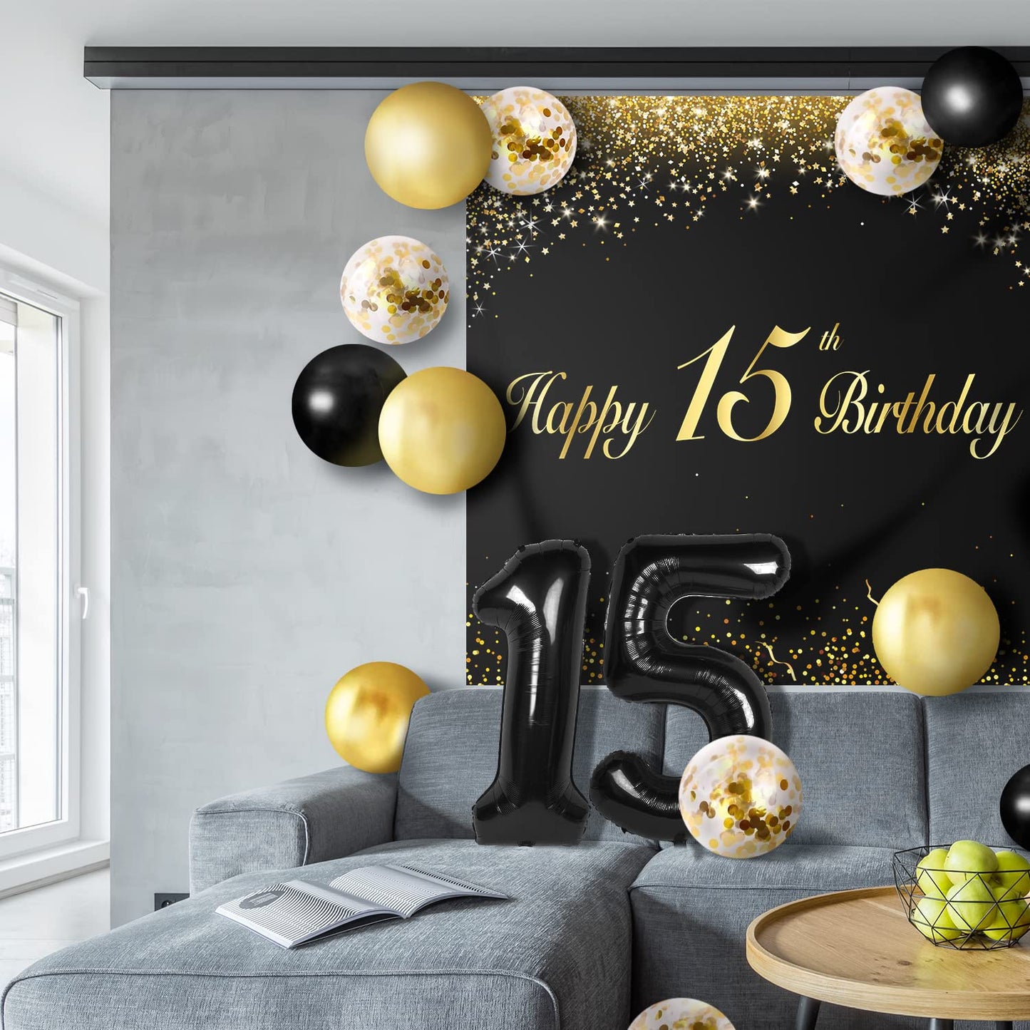 Happy 15Th Birthday Balloons Black Set Decor - Cheers To 15 Years Old Party Theme Garland Banner Backdrop Decorations For Boy An